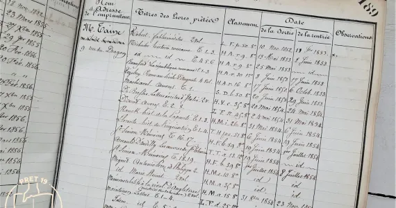 Page d'un registre de prêt du XIXe siècle de la Bibliothèque de la Sorbonne
