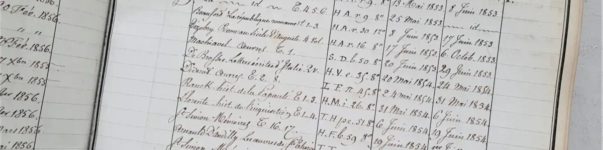 Page d'un registre de prêt du XIXe siècle de la Bibliothèque de la Sorbonne