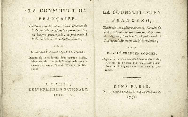 Double page de la Constitution française de 1792 traduite en provençal