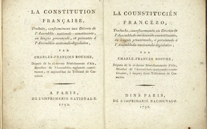 Double page de la Constitution française de 1792 traduite en provençal