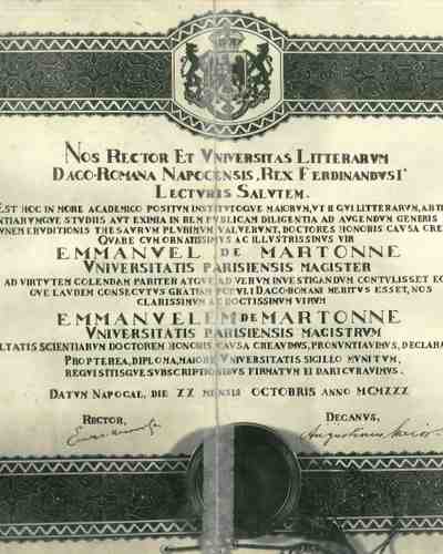 Diplôme de Docteur honoris causa remis à E. de Martonne par l'Université de Cluj en octobre 1930