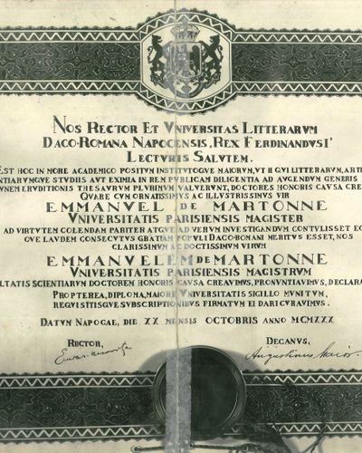 Diplôme de Docteur honoris causa remis à E. de Martonne par l'Université de Cluj en octobre 1930