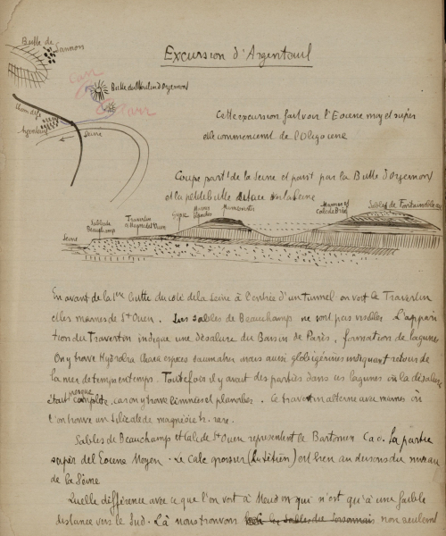 « Excursion d'Argenteuil » : page extraite du cahier d'« Excursions géologiques et botaniques autour de Paris » d'Emmanuel de Martonne, 1896.