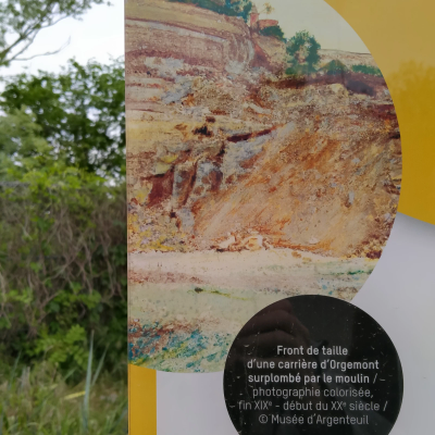 « L'exploitation du plâtre » : panneau d'interprétation « A la découverte d'Orgemont » de l'Espace naturel régional des Buttes du Parisis (détail)