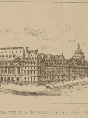 Vue architecturale de la façade à l'angle de l'actuelle rue des Écoles et de la rue de la Sorbonne : coupe sans les bâtiments qui font face à la Sorbonne, de chaque côté de la rue : impression d'une grande esplanade, avec des personnages qui marchent et une calèche.