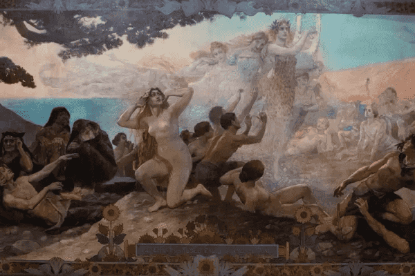 Groupe d'hommes et de femmes dans la pénombre par terre tendant les bras vers un groupe de muses éclairées et semblant les guider vers la lumière.