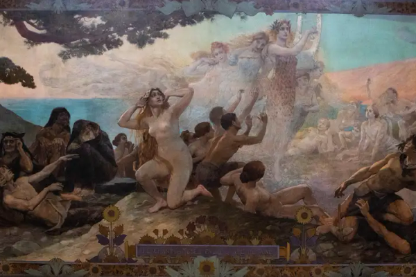 Groupe d'hommes et de femmes dans la pénombre par terre tendant les bras vers un groupe de muses éclairées et semblant les guider vers la lumière.