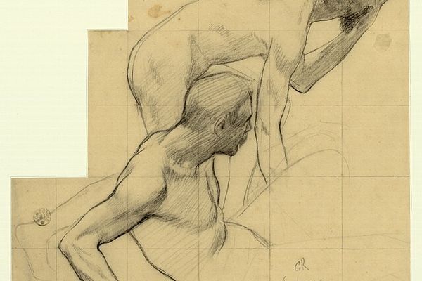 Crayon sur calque représentant deux hommes nus, l'un assis par terre, l'autre en train de se relever.