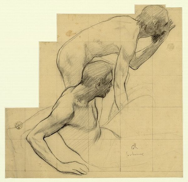 Crayon sur calque représentant deux hommes nus, l'un assis par terre, l'autre en train de se relever.