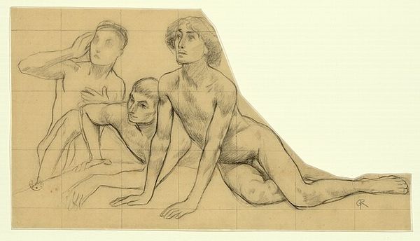 Crayon sur calque représentant trois hommes nus à terre en train de se redresser.