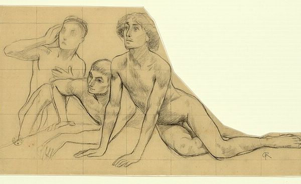 Crayon sur calque représentant trois hommes nus à terre en train de se redresser.