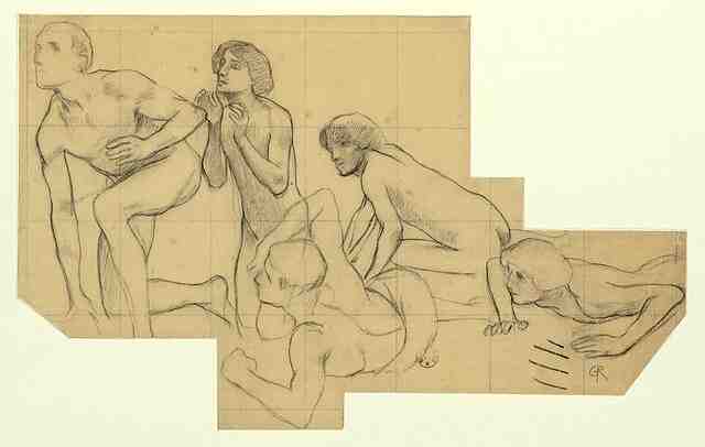 Crayon sur calque représentant cinq hommes nus à terre en train de se redresser, de la gauche vers la droite les hommes sont de plus en plus relevés.