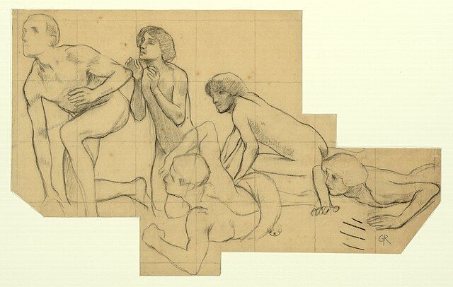 Crayon sur calque représentant cinq hommes nus à terre en train de se redresser, de la gauche vers la droite les hommes sont de plus en plus relevés.