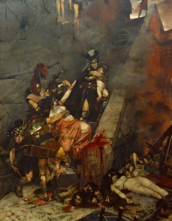 Dans un escalier, des soldats vêtus à l'antique maîtrisent une femme à moitié nue, tandis qu'un autre soldat emporte un enfant dans ses bras. Au bas de l'escalier se trouvent des têtes décapitées et des corps sans vie.