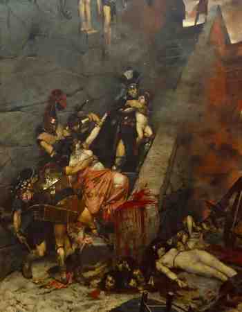 Dans un escalier, des soldats vêtus à l'antique maîtrisent une femme à moitié nue, tandis qu'un autre soldat emporte un enfant dans ses bras. Au bas de l'escalier se trouvent des têtes décapitées et des corps sans vie.