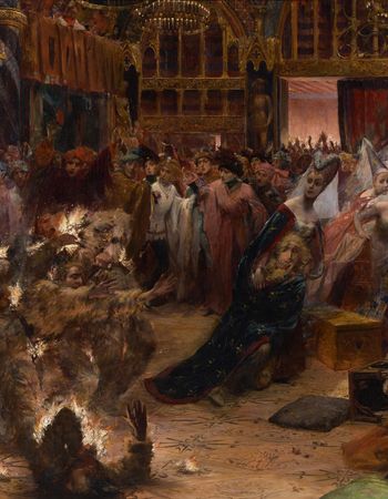 Une foule de personnages richement vêtus en costumes médiévaux se trouve dans une vaste salle de style médiéval. Au premier plan, un groupe d'hommes vêtus de peaux d'animaux prend feu.