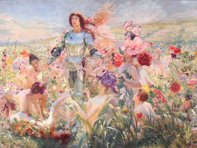 Dans un champ de fleurs multicolores, un chevalier en armure rutilante est entouré de femmes et d'hommes nus, coiffés de fleurs.