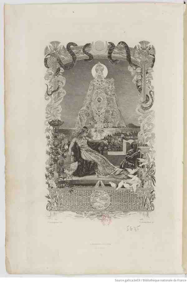 gravure en noir et blanc présentant une femme vêtue d'une longue robe à l'orientale, assise dans un fauteuil, en haut d'une tour. A ses pieds, une femme joue de la harpe. Au loin s'étend la mer, d'où surgit une immense silhouette de femme vêtue d'une longue robe et coiffée d'une diadème.