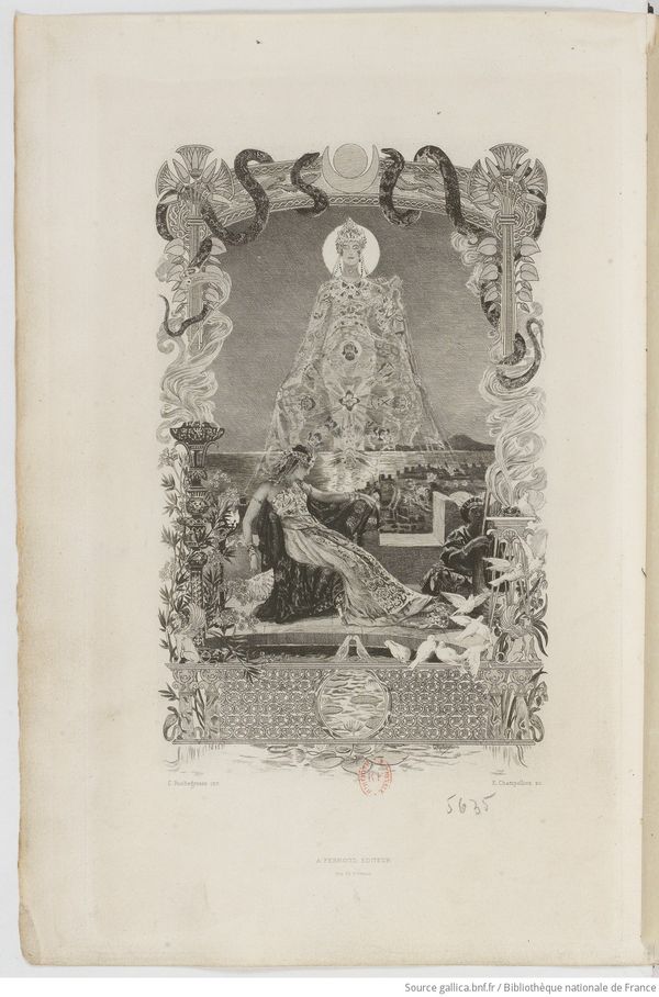 gravure en noir et blanc présentant une femme vêtue d'une longue robe à l'orientale, assise dans un fauteuil, en haut d'une tour. A ses pieds, une femme joue de la harpe. Au loin s'étend la mer, d'où surgit une immense silhouette de femme vêtue d'une longue robe et coiffée d'une diadème.