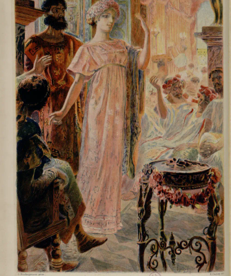 Gravure en couleur présentant des personnages vêtus à la romaine dans un intérieur. Au centre se tient une femme en robe rose. Autour d'elle, des hommes assis ou debout la regardent.