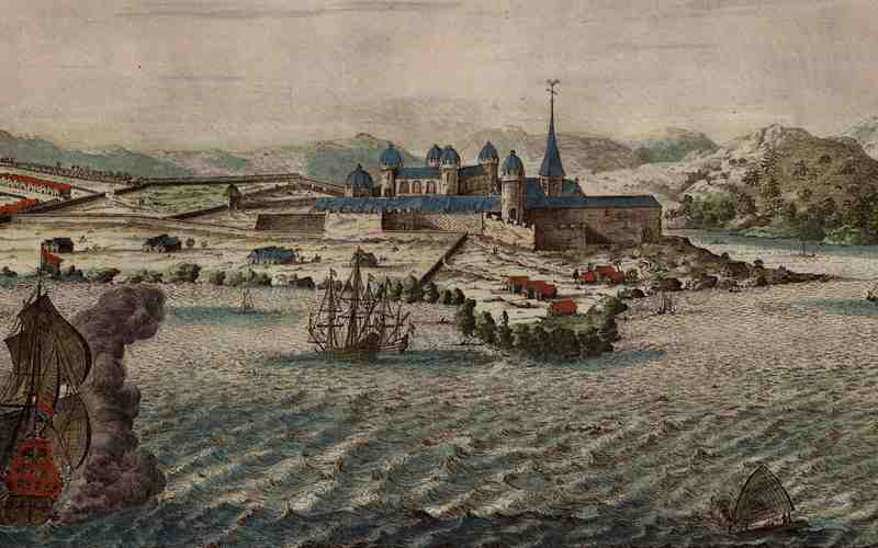 Estampe représentant la forteresse d'Elmina sur la Côte de l'Or