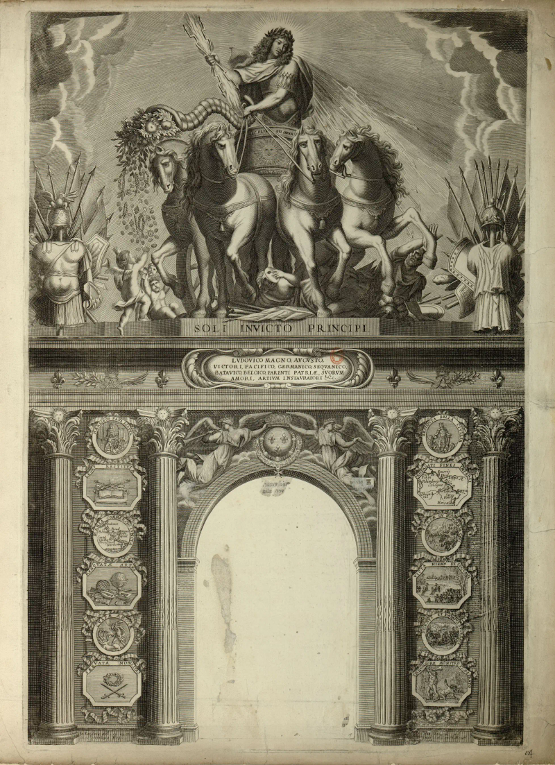 En haut d'un arc de triomphe, Louis XIV terrasse les ennemis. Dans un cartouche sur le socle : Soli invicto principi. Dans un autre cartouche : Ludovico Magno augusto, / victori, pacifico, Germanico, Sequanico, / Batavico, Belgico, parenti patriæ, suorum / amori, artium instauratori &c. L'arc est soutenu par quatre colonnes corinthiennes, et entre les colonnes, sont cinq médaillons historiés avec dévises et des références à des événements, e.g. Rhenus et Batavus superati, référence au passage du Rhin en 1672, après le décès de Lenfant. Sur l'arc, deux Renommées tiennent la couronne royale.