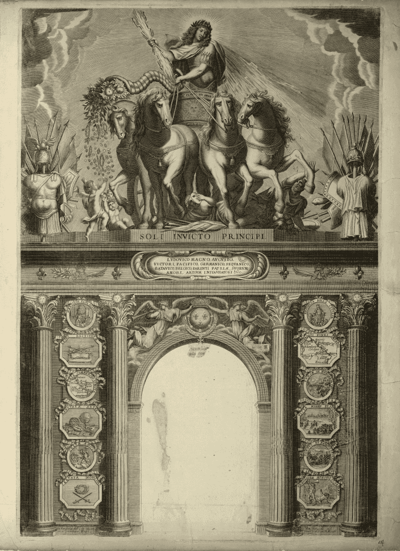 En haut d'un arc de triomphe, Louis XIV terrasse les ennemis. Dans un cartouche sur le socle : Soli invicto principi. Dans un autre cartouche : Ludovico Magno augusto, / victori, pacifico, Germanico, Sequanico, / Batavico, Belgico, parenti patriæ, suorum / amori, artium instauratori &c. L'arc est soutenu par quatre colonnes corinthiennes, et entre les colonnes, sont cinq médaillons historiés avec dévises et des références à des événements, e.g. Rhenus et Batavus superati, référence au passage du Rhin en 1672, après le décès de Lenfant. Sur l'arc, deux Renommées tiennent la couronne royale.