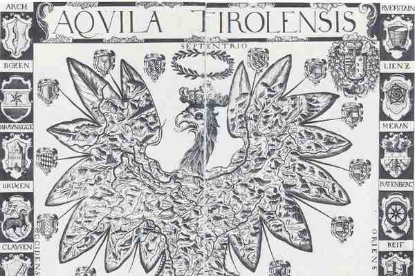 Carte thériomorphe Aquila Tirolensis en taille-douce : territoire du Tyrol inscrit dans le corps d'un aigle couronné aux ailes déployées, bordures droite et gauches ornées de blasons de villes, bordure inférieure ornée de vues de villes.