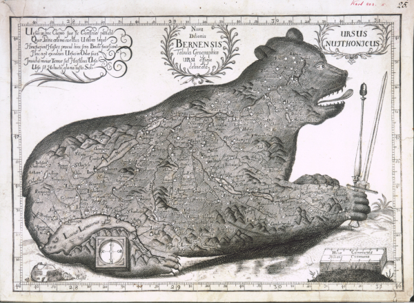Carte thériomorphe du territoire de Berne gravée en taille-douce : région suisse figurée dans les contours d'un ours couché tenant une épée, toponymie dense des localités, rose des vents et légende encadrés, graduation de coordonnées sur le pourtour de la carte.