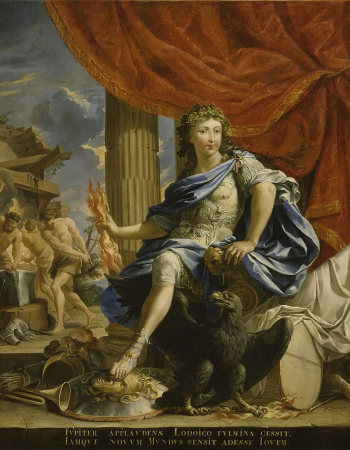 Louis XIV assis, vêtu en empereur romain, tenant un foudre à la main gauche, le pied droit posé sur un bouclier à tête de gorgone, et accompagné par un aigle