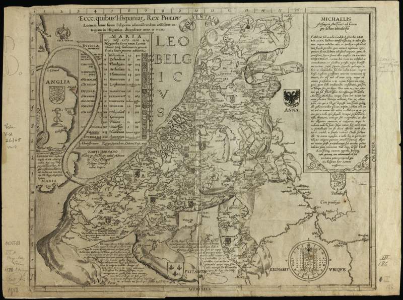Leo Belgicus de Frans Hogenberg (1583). Les dix-sept provinces des Pays-Bas espagnols figurées dans la silhouette d'un lion debout, la patte droite levée, entouré d’un texte explicatif en latin et d'un tableau listant les provinces, leur nombre de villes et de paroisses, et leurs armoiries.