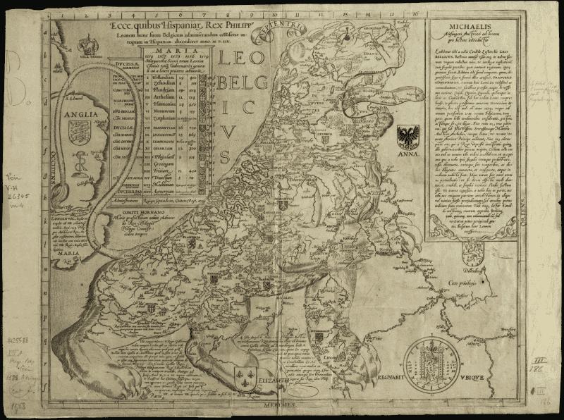 Leo Belgicus de Frans Hogenberg (1583). Les dix-sept provinces des Pays-Bas espagnols figurées dans la silhouette d'un lion debout, la patte droite levée, entouré d’un texte explicatif en latin et d'un tableau listant les provinces, leur nombre de villes et de paroisses, et leurs armoiries.