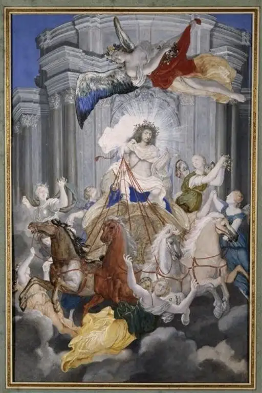 Louis XIV sur un quadrige au dessus des nuages, tenant une lyre et entouré de femmes dansant