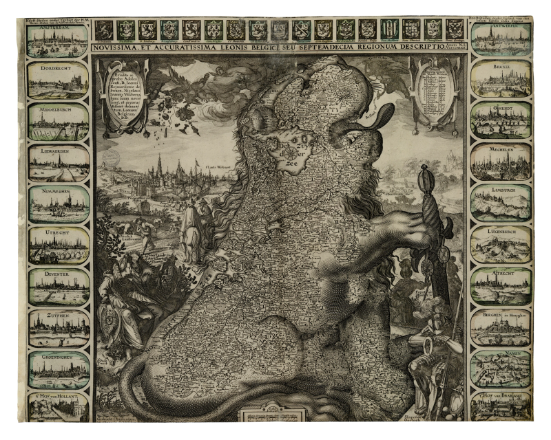Leo Belgicus de Visscher (1611) en taille-douce : lion assis tenant une épée pointée vers le bas entouré de scènes allégoriques de paix et prospérité, bordé de vignettes de villes des Provinces-Unies à gauche et des Pays-Bas espagnols à droite, armoiries des dix-sept provinces des Pays-Bas en haut.