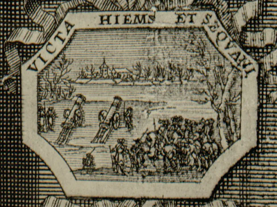 Médaillon illustrant la conquête de la Franche-Comté par Louis XIV en 1674, avec canons et soldats traversant un paysage enneigé, évoquant la campagne militaire victorieuse du roi