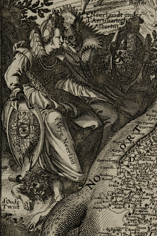 Détail du Leo Belgicus : deux figures féminines vêtues à la mode du XVIIe siècle, assises côte à côte, tenant des armoiries, et écrasant sous leurs pieds un personnage symbolisant l'ancienne discorde (d'oude twist).