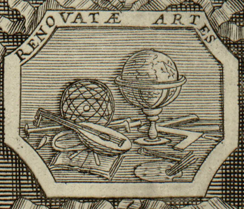 Médaillon représentant la rénovation des arts sous Louis XIV, avec globe terrestre, luth, instruments de mesure et palette de peintre symbolisant le soutien du roi aux sciences et aux arts