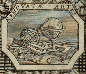 Médaillon représentant la rénovation des arts sous Louis XIV, avec globe terrestre, luth, instruments de mesure et palette de peintre symbolisant le soutien du roi aux sciences et aux arts
