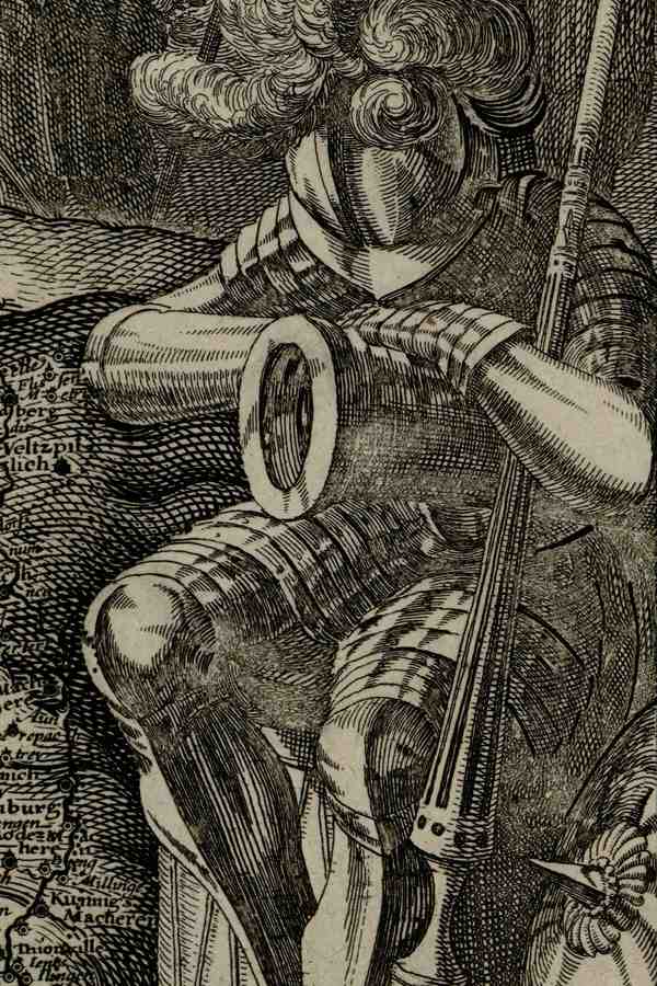 Détail du Leo Belgicus : personnage en armure complète, appuyé sur le fût d’un canon, lance et bouclier posés au sol, représentant la guerre endormie (Slapende Oorlogh) et symbolisant l'arrêt du conflit pendant la trêve de Douze Ans.
