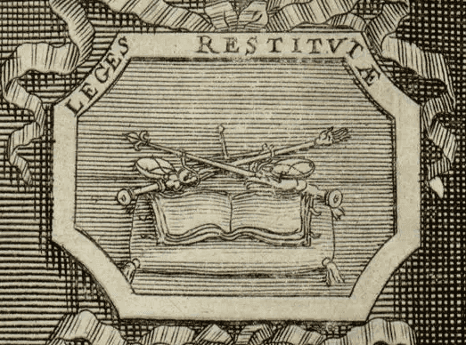 Vue générale de l'estampe montrant l'ensemble de la composition avec l'arc de triomphe, les médaillons historiés et Louis XIV sur son quadrige