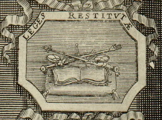 Vue générale de l'estampe montrant l'ensemble de la composition avec l'arc de triomphe, les médaillons historiés et Louis XIV sur son quadrige