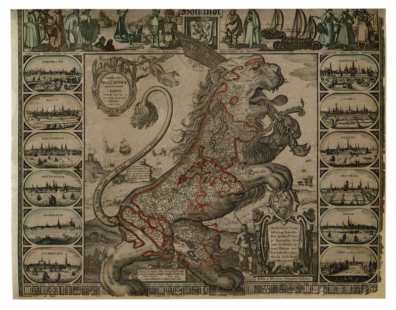 Leo Hollandicus de Visscher (1633) en taille-douce rehaussée de rouge : lion debout rugissant brandissant une épée portant la mention Patriae defensio, contours de la Hollande tracés en rouge à l’intérieur du lion, vues de villes hollandaises sur les bordures droites et gauche, scènes de la vie populaire en bordure supérieure.