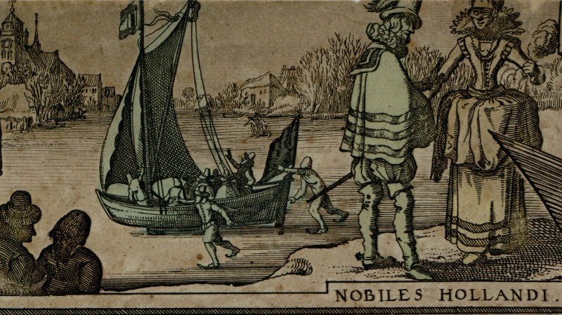 Détail du Leo Hollandicus de Visscher (1633) : au premier-plan, un homme et une femme issus de la noblesse, et vêtus à la mode du XVIIe siècle conversent. A l’arrière-plan, des hommes dans une barque à voile.