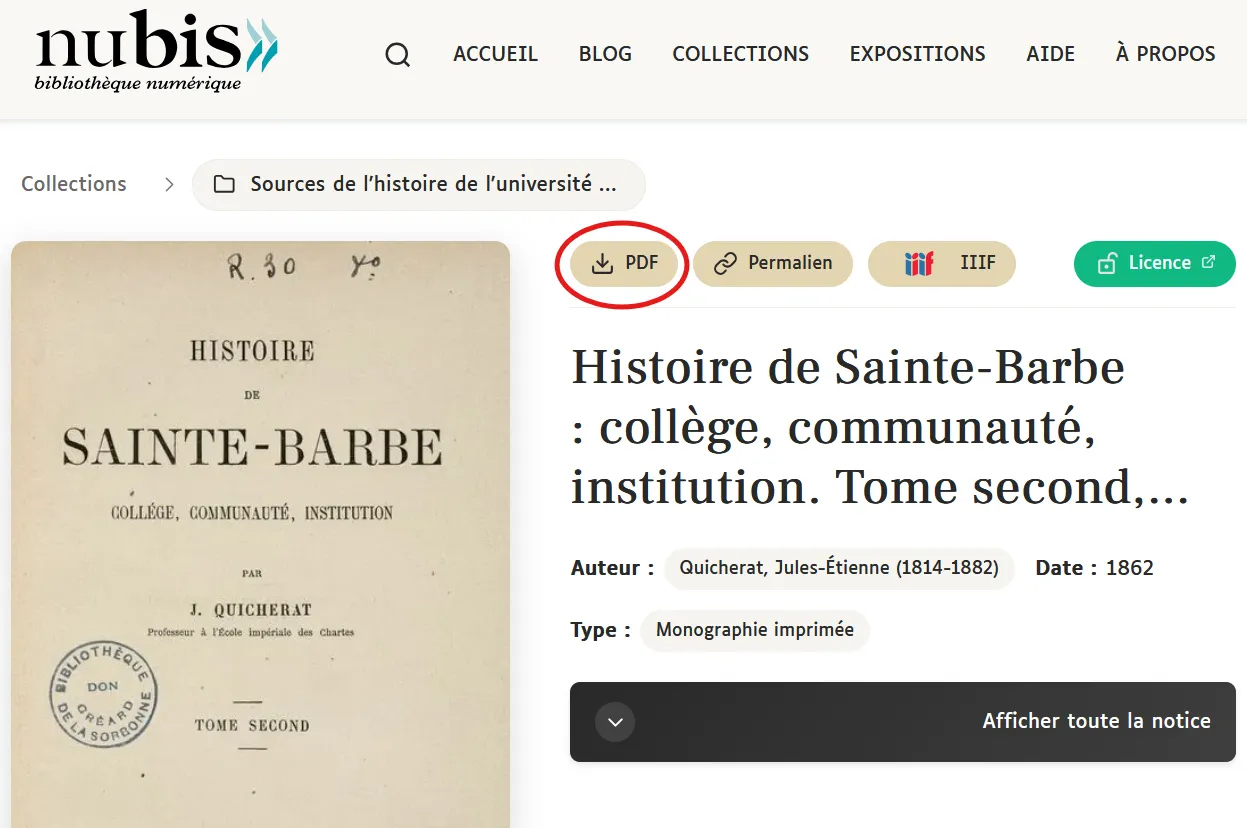 Notice de document, avec l'icône PDF entourée en rouge en haut au centre de l'image.