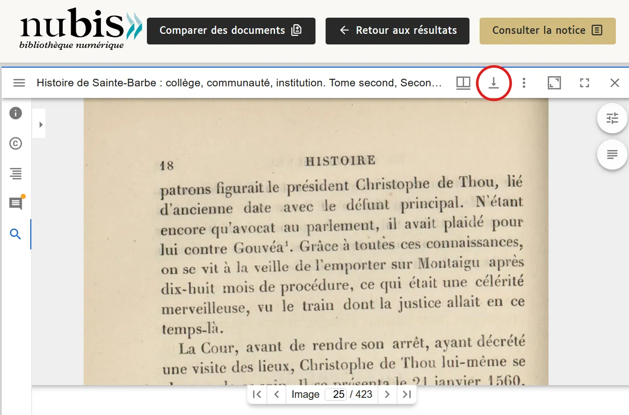 Visionneuse de document, avec l'icône de téléchargement entourée en rouge, en haut à droite.