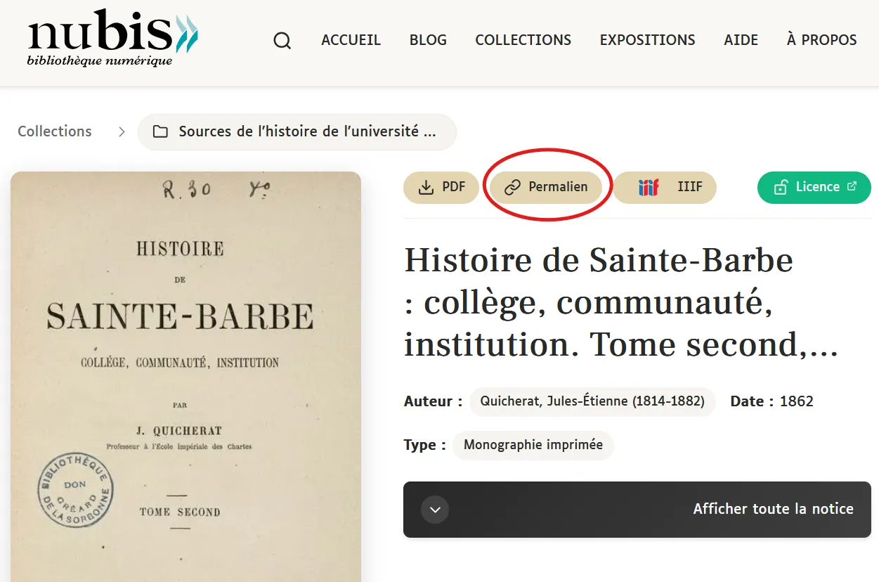 Notice de document, avec l'icône de copie du permalien entourée en rouge, en haut de la notice.
