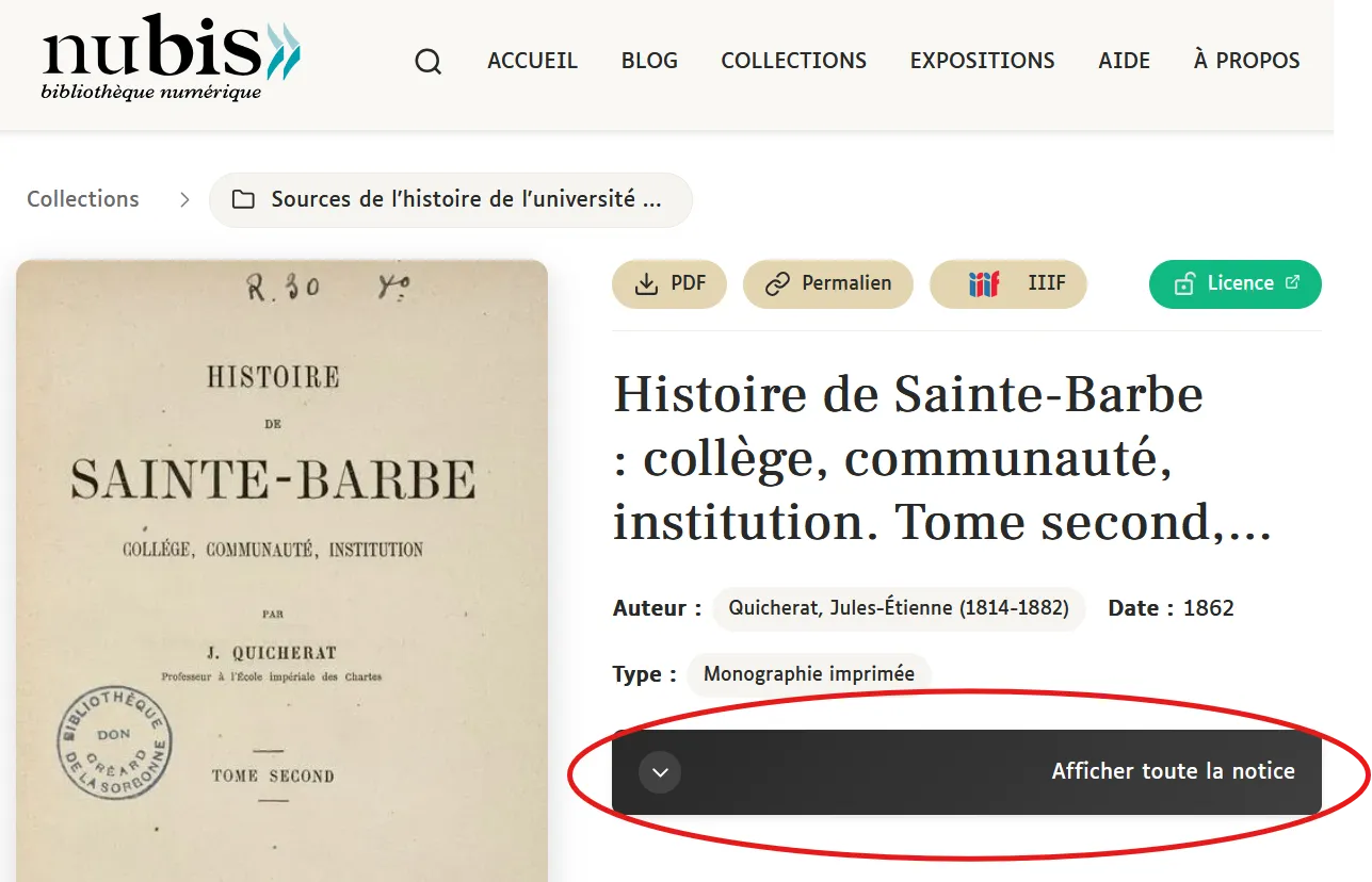 Notice de document, avec l'option d'affichage des métadonnées entourée en rouge.