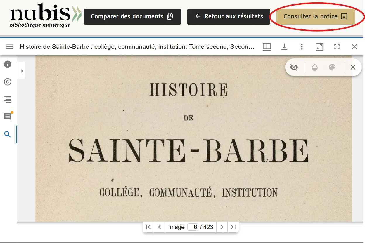 Visionneuse de document, avec le bouton de consultation de la notice entouré en rouge en haut à droite.