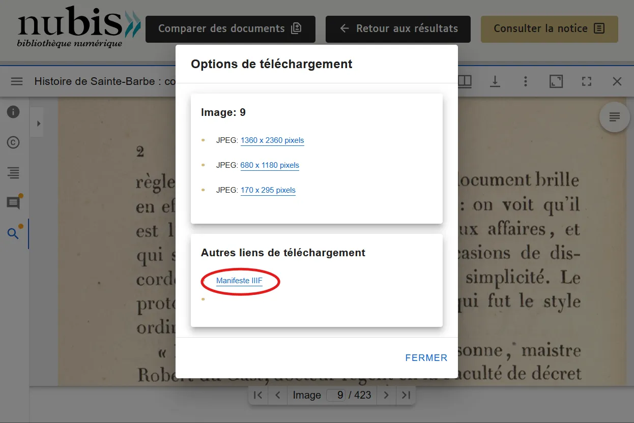 Visionneuse de document, dans laquelle est ouverte une fenêtre proposant le téléchargement d'images et la copie du lien IIIF. Le lien vers le manifest IIIF est entouré en rouge.