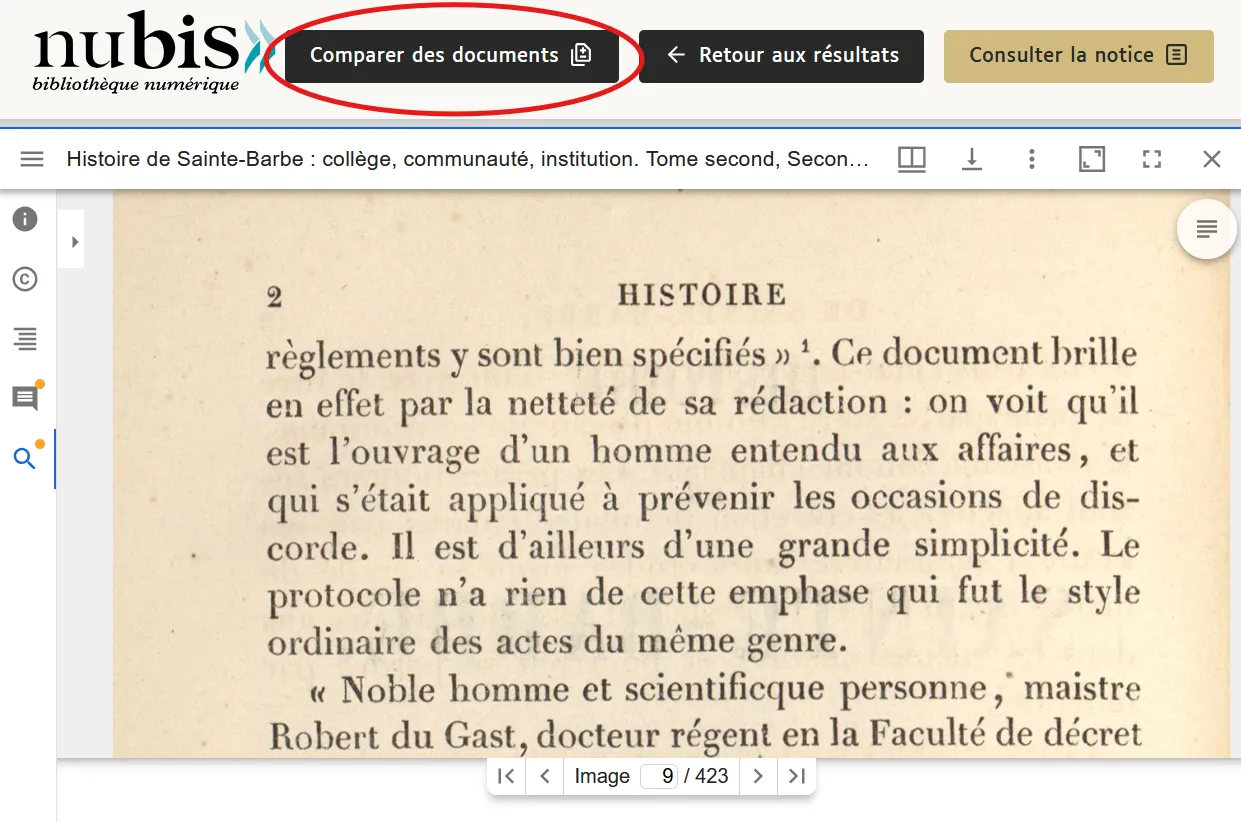 Visionneuse de document, avec le bouton de comparaison de documents entouré en rouge en haut à gauche.